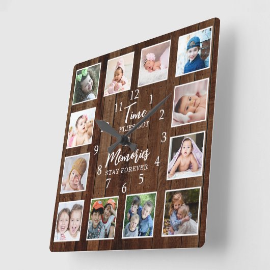 12 Photo Collage Time Memories Quote Pallet Wood Vierkante Klok (Hoek)