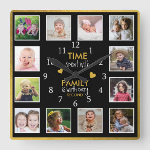 12 Photo Collage Time with Family Quote Black Gold Vierkante Klok
