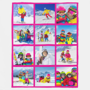 12 Photo Grid Collage Hot Pink Fleece Deken