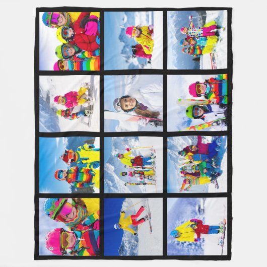 12 Photo Grid Collage Zwart Fleece Deken (Voorkant)