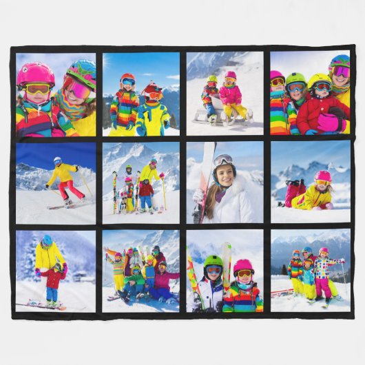 12 Photo Grid Collage Zwart Fleece Deken (Voorkant (Horizontaal))