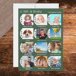 12-Photo Year Review Custom Collage Dark Green Feestdagenkaart