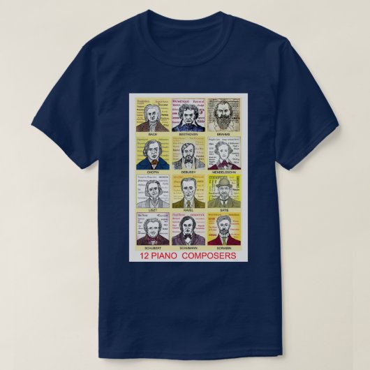12 Portretten van de componist Piano T-shirt (Design voorkant)