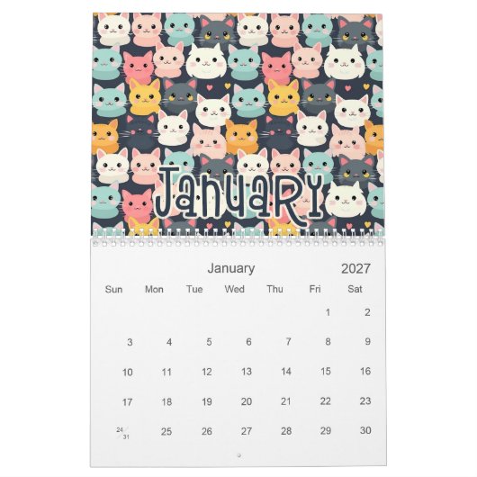 12 Schattigee Cat Naadloze Patronen Design Kalender (Jan 2027)