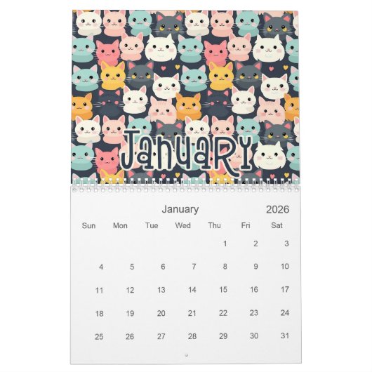12 Schattigee Cat Naadloze Patronen Design Kalender (Jan 2026)