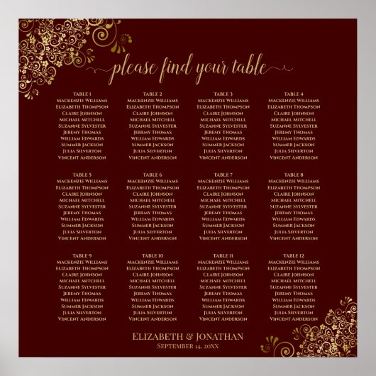 12 Tabel Auburn Wedding Seating Chart Lacy Gold Poster (Voorkant)
