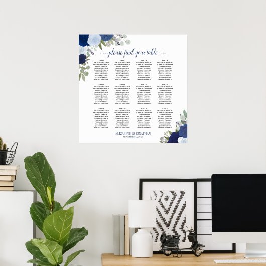 12 Tabel Elegant Blue Rozen Wedding Seating Chart Poster (Thuiskantoor)