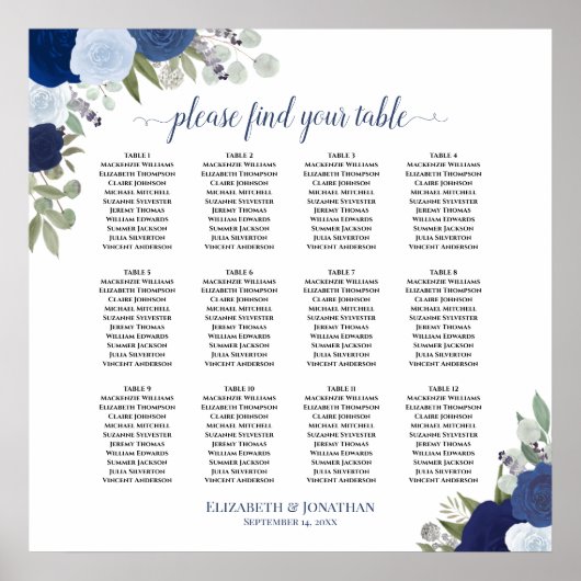 12 Tabel Elegant Blue Rozen Wedding Seating Chart Poster (Voorkant)