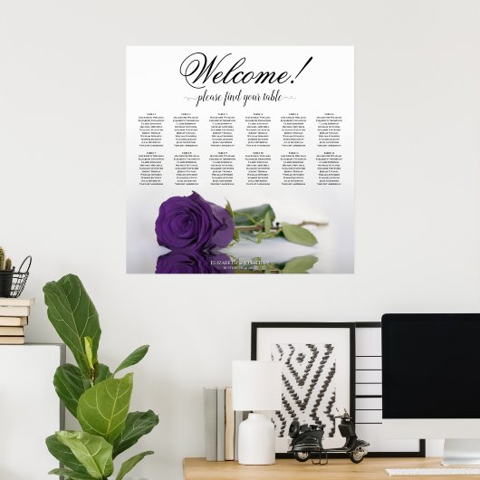 12 Tabel Elegant Royal Paars Roos Seating Chart Poster (Thuiskantoor)