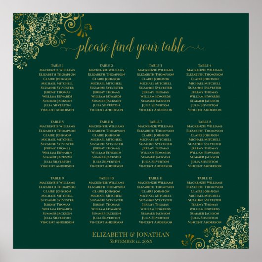 12 Tabel Emerald Green Wedding Seating Chart Gold Poster (Voorkant)
