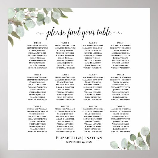 12 Tabel Eucalyptus Greenery Wedding Seating Chart Poster (Voorkant)