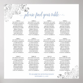 12 Tabel Frilly Blue & White Wedding Seating Chart Poster