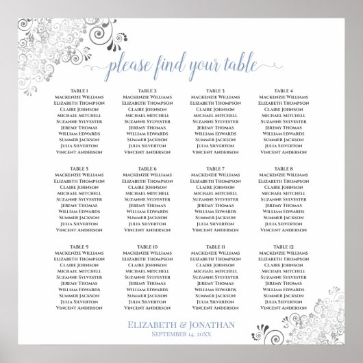 12 Tabel Frilly Blue & White Wedding Seating Chart Poster (Voorkant)