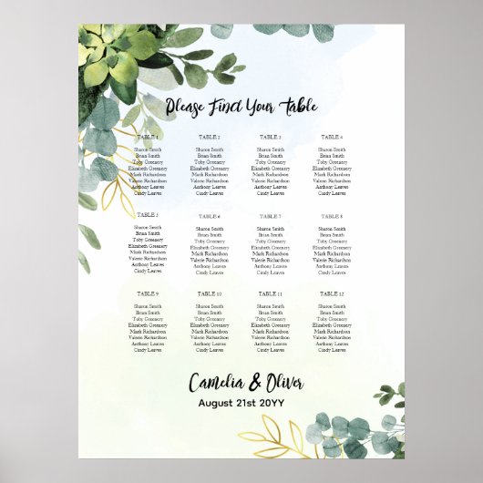 12 Tabel Greenery Eucalyptus FOTO Seating Chart Poster (Voorkant)
