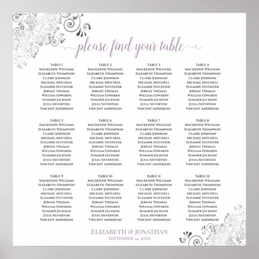 12 Tabel Lacy Lavender White Wedding Seating Chart Poster (Voorkant)