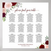 12 Tabel Rood en roze Floral Wedding Seating Chart Poster (Voorkant)