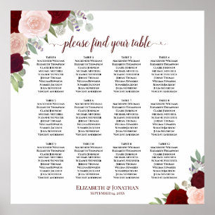 12 Tabel Rood en roze Floral Wedding Seating Chart Poster
