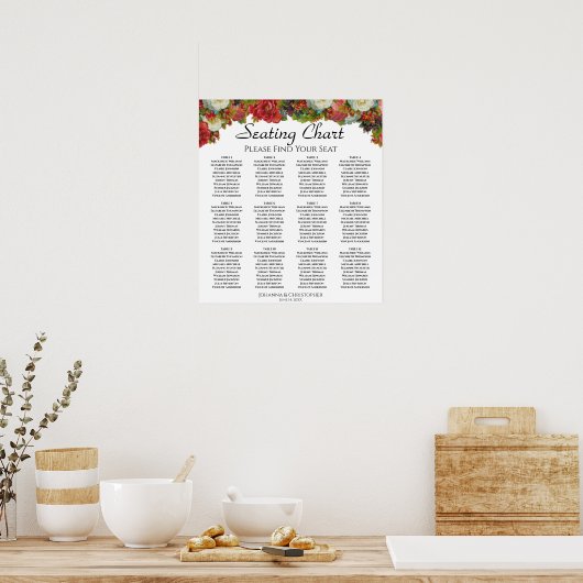 12 Tabel Rozen Wedding Seating Chart Poster (Keuken)