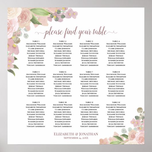 12 Tabel Rustic Pink Floral Wedding Seating Chart Poster (Voorkant)