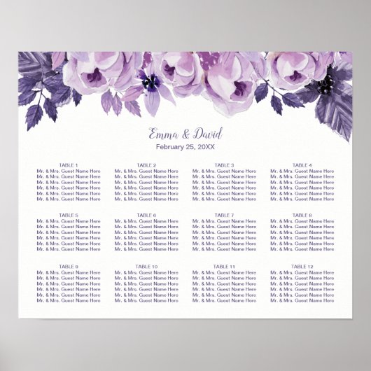 12 Tabellen Paarse Floral Wedding Seating Chart Poster (Voorkant)