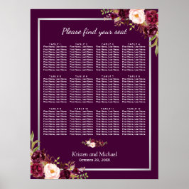 12 Tabellen Plum Paars Floral Wedding Seating Char Poster