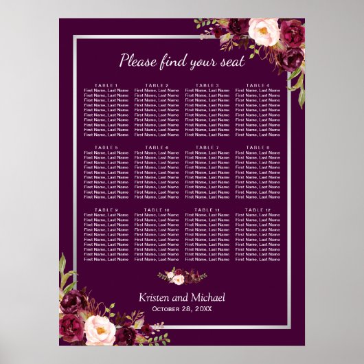 12 Tabellen Plum Paars Floral Wedding Seating Char Poster (Voorkant)