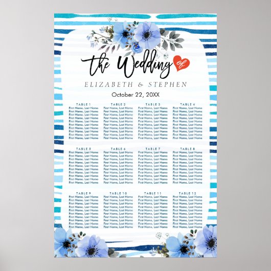 12 Tabellen Zitschaar Blauwe Waterverf Floral Poster (Voorkant)