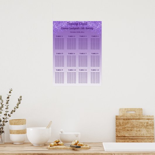 12 Table Seating Chart Template Purple Glitter Poster (Keuken)