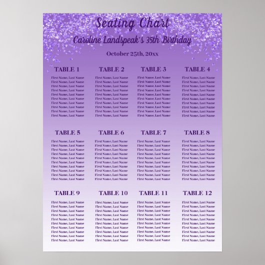 12 Table Seating Chart Template Purple Glitter Poster (Voorkant)