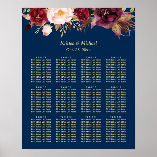 12 Tables Burgundy Floral Wedding Seating Chart Poster (Voorkant)