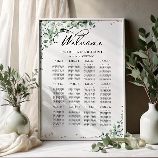 12 Tables Greenery Wedding Seating Chart Poster