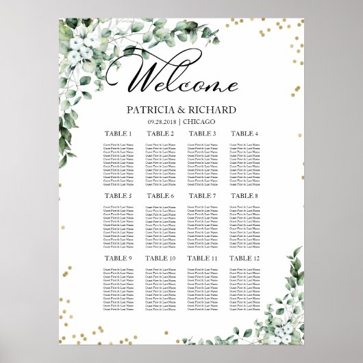 12 Tables Greenery Wedding Seating Chart Poster (Voorkant)