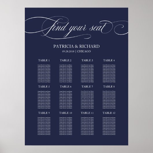 12 Tables Navy Blue Wedding Seating Plan Board Poster (Voorkant)