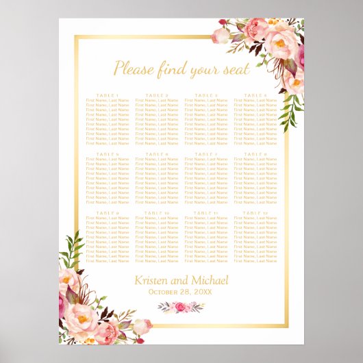 12 Tables Wedding Seating Chart Chic Floral Gold Poster (Voorkant)