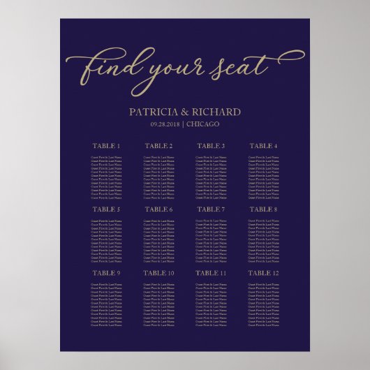 12 Tables Wedding Seating Plan Chic Gold Navy Blue Poster (Voorkant)