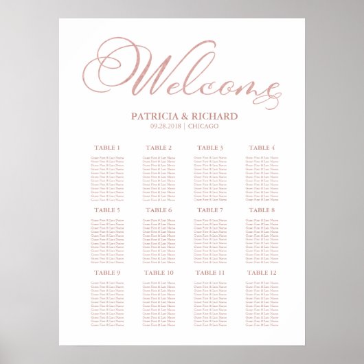 12 Tables Wedding Seating Plan Eenvoudig elegant Poster (Voorkant)
