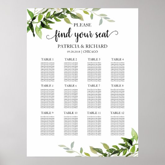 12 Tables Wedding Seating Plan Elegant Greenery Poster (Voorkant)