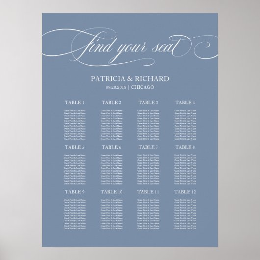 12 Tables Wedding Seating Plan Sign Dusty Blue Poster (Voorkant)