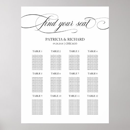 12 Tables Wedding Seating Plan Zwart Manuscript Poster (Voorkant)