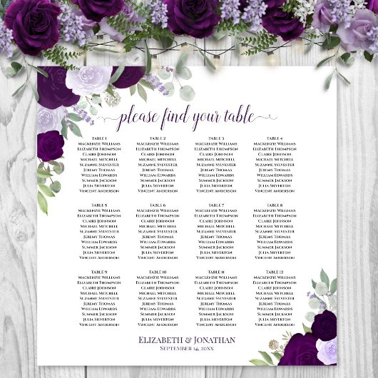 12 Tafel Chic Paarse Rozen Trouw Zittijd Chart Poster