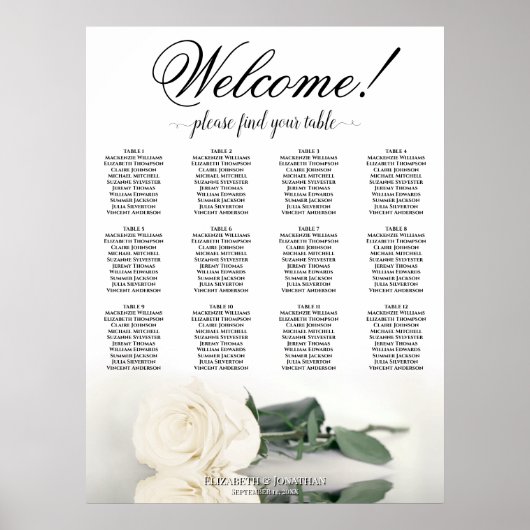 12 Tafel Elegante Witte Roos Trouw Stoelenkaart Poster (Voorkant)