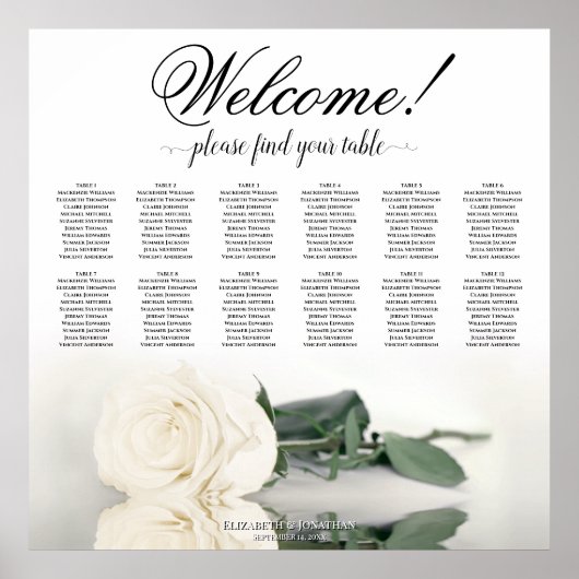 12 Tafel Elegante Witte Rose Bruiloft Zittinggrafi Poster (Voorkant)