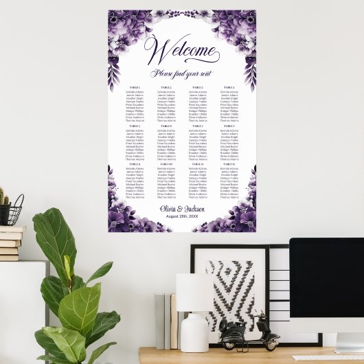 12 Tafel Paarse Bloemenbruiloft Zitkaarten Poster (Thuiskantoor)