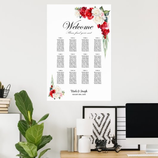 12 Tafel Rood Wit Rose Bloemen Zitting Grafiek Poster (Thuiskantoor)