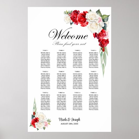 12 Tafel Rood Wit Rose Bloemen Zitting Grafiek Poster (Voorkant)