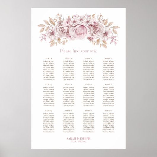 12 Tafel Roze Bloemen Huwelijk Zitting Grafiek Poster (Voorkant)