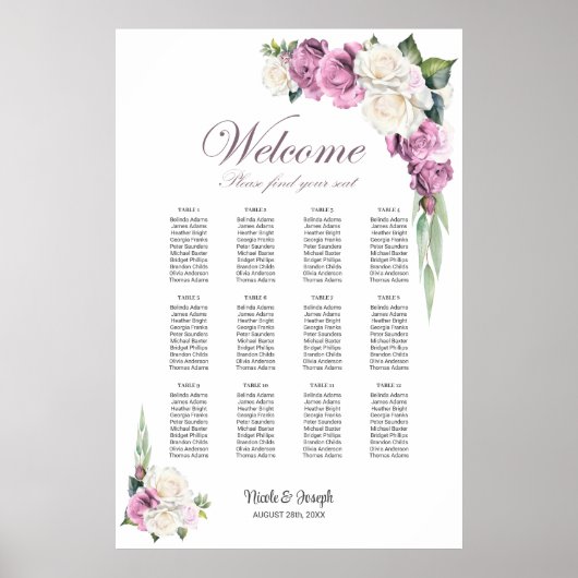 12 Tafel Roze Witte Roos Bloemen Zitting Grafiek Poster (Voorkant)