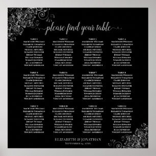12 Tafel Silver Frills Black Wedding Seating Chart Poster