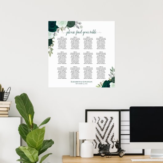 12 Tafel Smaragd Bloemen Boho Bruiloft Zitkaarten Poster (Thuiskantoor)