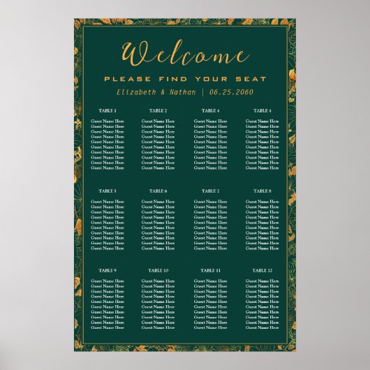 12 Tafel Smaragdgroen & Goud Bloemen Zitting Grafi Poster (Voorkant)